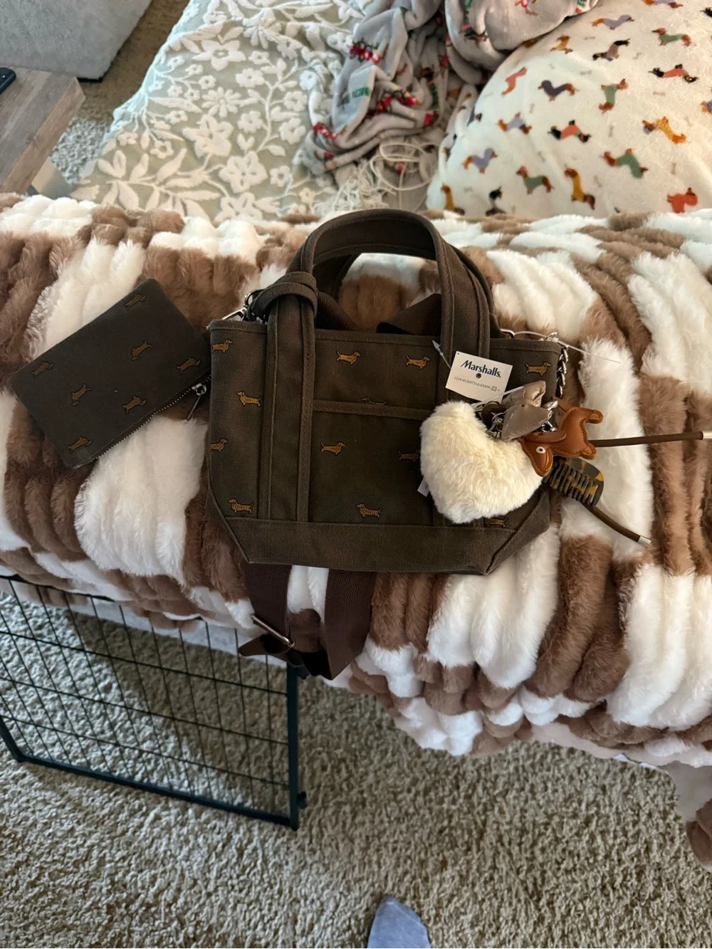 Madden Girl Brown Canvas Messenger Bag with Dachshund print
